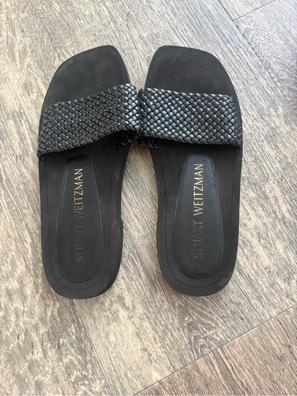 Stuart Weitzman Black Woven Leather Slide Sandals
